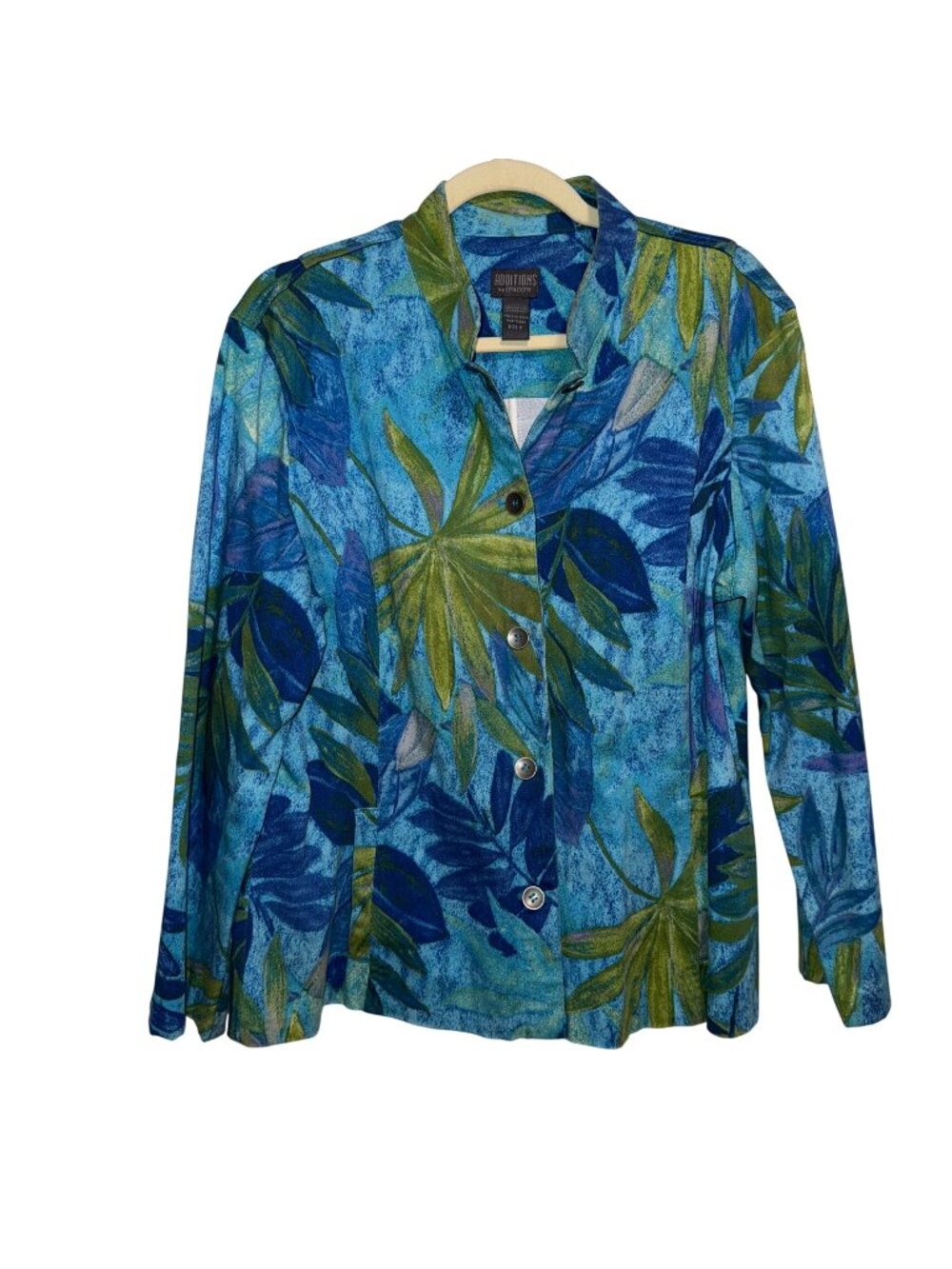 Chicos Additions Blue & Green Tropical Leaf Print Blazer Jacket US Size L